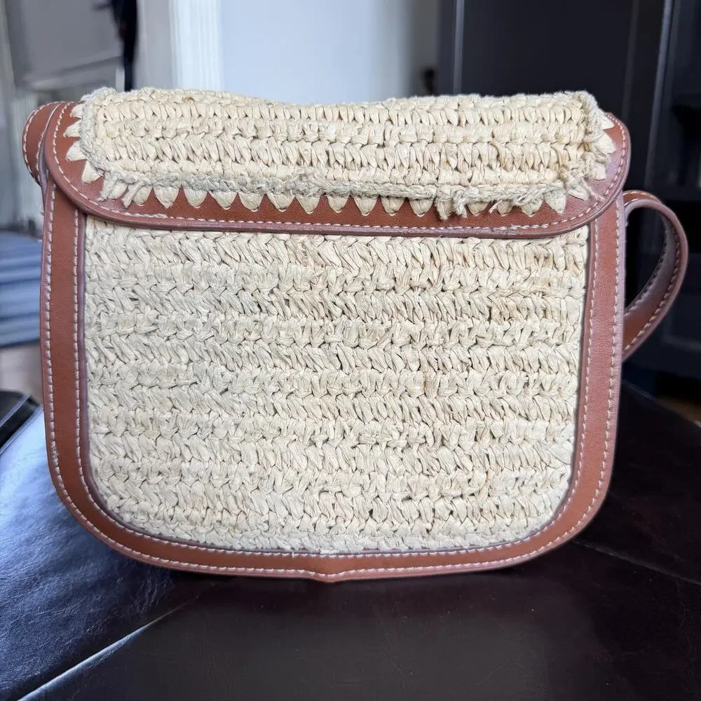 MNG Crossbody Bag Womens Small Beige Straw Brown Trim Scalloped Boho Beach